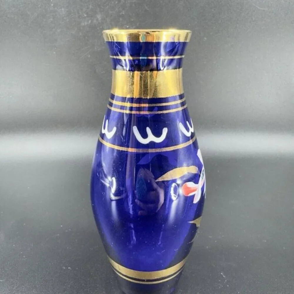 Vintage Bohemian‎ Art Glass Vase Vessel With Hand Painted Flowers Czech Vase VTG